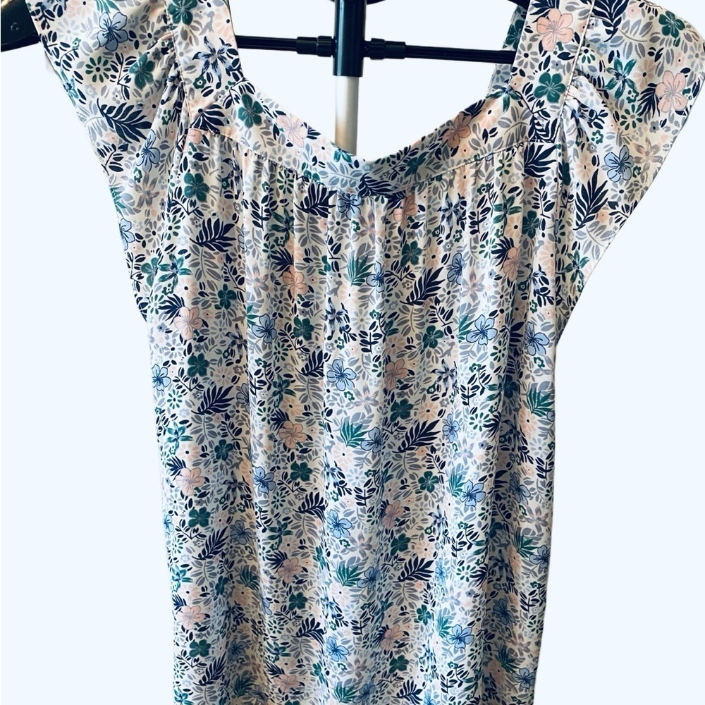 LOFT White and Blue Smocked Cap Sleeve Blouse - Picture 2 of 5
